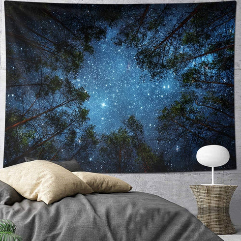 HOMKUMY Starry Wall Tapestry, 3D Printing Forest Starry Night Tapestry Star Tree Tapestry Psychedelic Indian Wall Hanging Tapestry for Home Decor ...