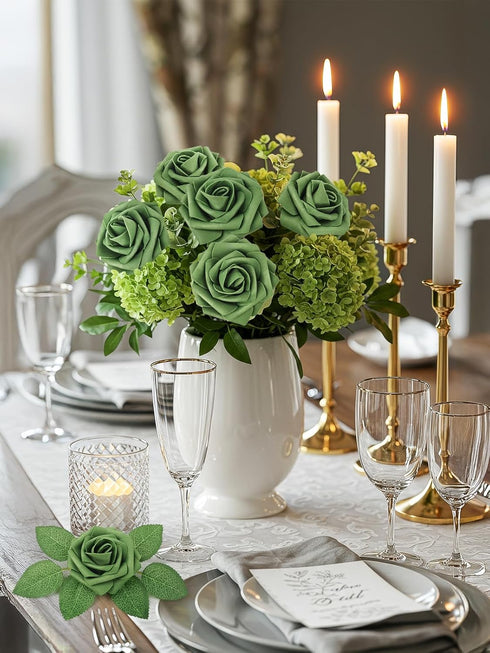 N&T NIETING Roses Artificial Flowers, 25pcs Artificial Flowers Foam Flowers with Stems for DIY Cake Decoration Wedding Party Home Decoration, Army...