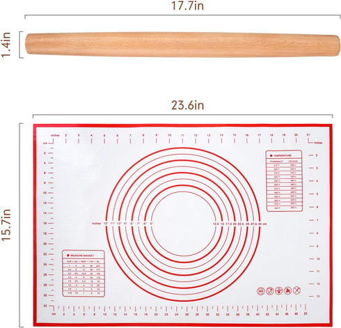 Wood French Rolling Pin for Baking, QUELLANCE Wooden Dough Roller with Silicone Baking Mat, Beech Wood Rolling Pins for Baking Dough, Pizza, Pie, ...