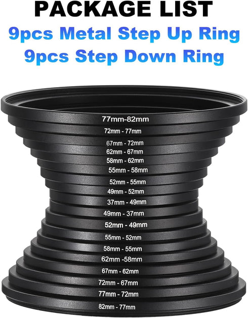 PATIKIL 9pcs Step Up Ring, 9pcs Step Down Ring, Camera Lens Filter Adapter Ring Aluminum Filter Ring Adapter Set for Camera Lens Hood, 72-77MM, 77...