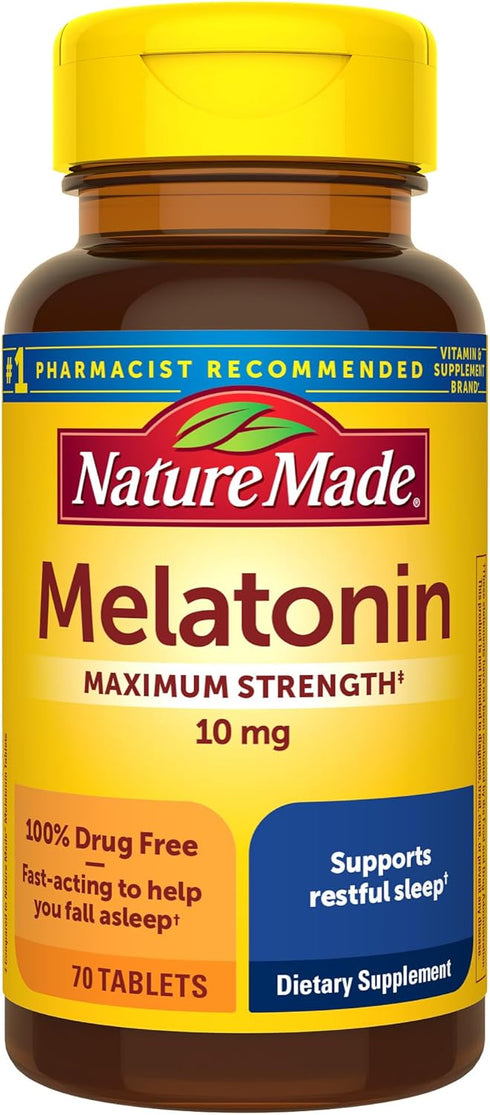 Nature Made Melatonin 10mg Maximum Strength Tablets, 100% Drug Free Sleep Aid for Adults, 70 Count, 70 Day Supply...