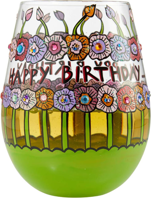 Enesco Designs by Lolita Birthday Flowers Hand-Painted Artisan Stemless Wine Glass, 1 Count (Pack of 1), Multicolor...