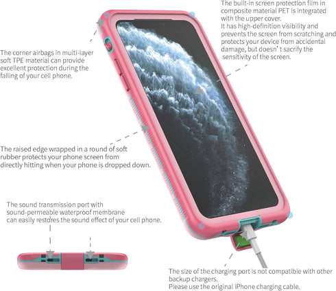 Waterproof Case Front Screen Protector Unisex, Suitable for iPhone 11ProMax Cell Phone (Pink&Clean)...