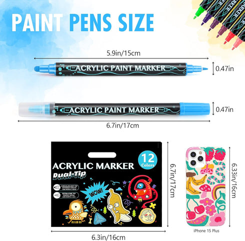 12 Colours Acrylic Paint Pens Markers, Dual Tip Premium Paint Markers for Rocks, Wood, Stone, Canvas, Glass, Ceramic Surfaces, Acrylic Markers for...