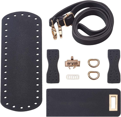 PandaHall DIY PU Leather Bag Knitting Set, Leather Bottom/26' Shoulder Strap/Bag Twist Lock/Flap Cover/Buckles for Crochet Handbag Tote, Black (7 ...