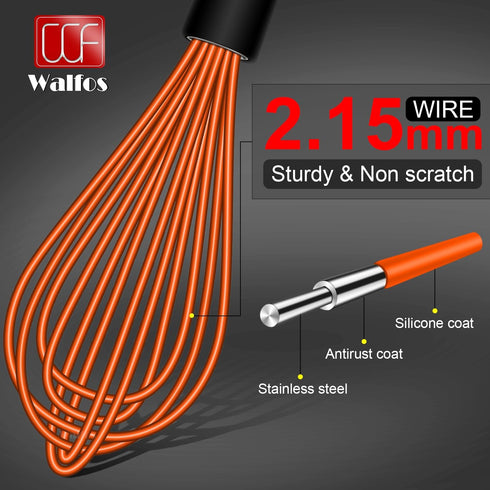 Walfos Whisk, Silicone Whisks Set of 5, Mini Stainless Steel Whisk 7+5in and Non Scratch Coated 7+9+11in Whisks, Suitable for Blending, Whisking, ...