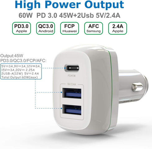 USB C Car Charger, 60W 3 Port Fast Charge Car Charger with USB C PD3.0 & Dual USB-A, for 12/12 Pro Max/12 Mini/11/11 Pro Max/XR/X/8/7, Galaxy S10/...