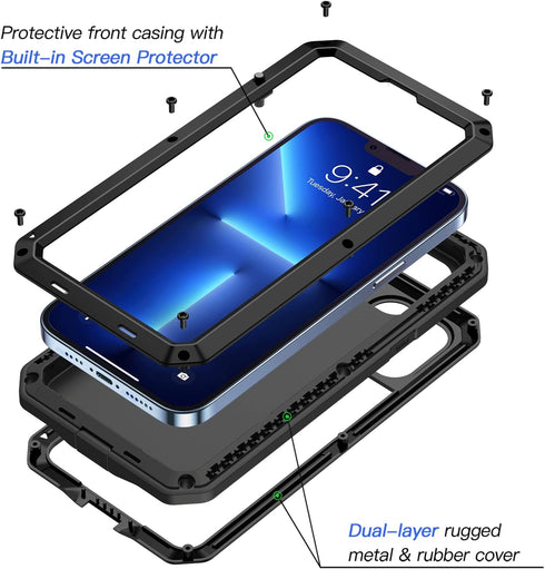 Lanhiem for iPhone 13 Pro Max Metal Case, Heavy Duty Shockproof Tough Rugged Case with Built-in Glass Screen Protector, 360 Full Body Protective C...