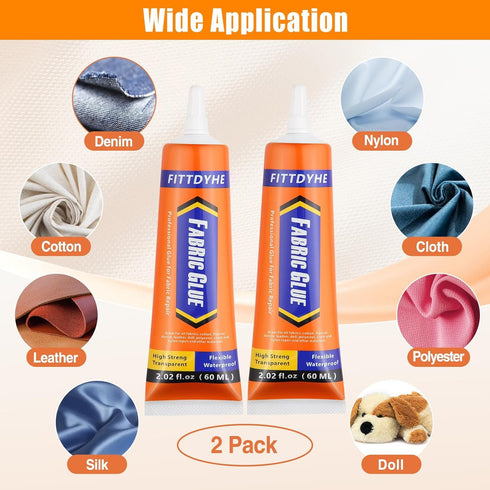 2 Pack Fabric Glue Permanent, 60ML/2.02oz Washable Clear Clothing Glue, Super Fabric Glue for Rhinestones, Patches, Clothes, Denim, Leather, Polye...