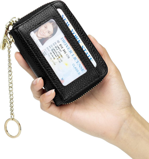 imeetu RFID Credit Card Wallet, Genuine Leather Zipper Card Case Holder with Removable Keychain(Black)...