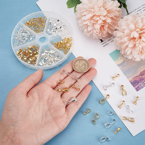 PH PandaHall Pinch Clip, 120 Pieces 6 Styles Pinch Clip Bail Clasp Dangle Charm Bead Pendant Connector Findings for Jewelry Necklace DIY Craft Mak...