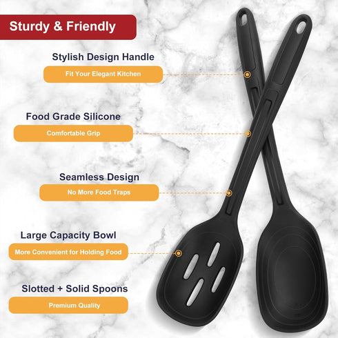 Silicone Cooking Spoon Set, Premium Non-Stick Solid and Slotted Spoon Pack of 2 Kitchen Basting Spoons for Cooking, Large Heat-Resistant Utensils ...