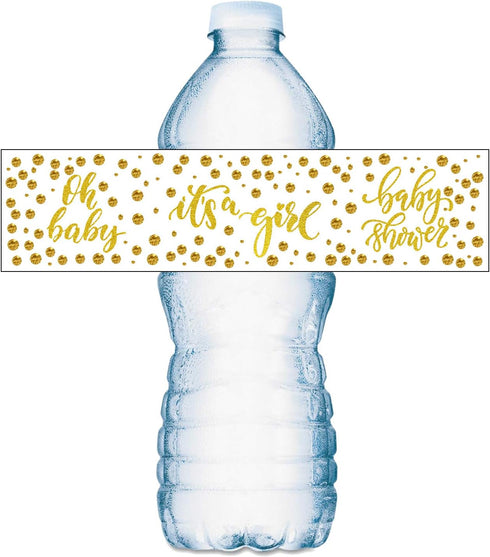 20 Gold It’s a Girl Oh Baby Water Bottle Labels; Baby Shower Set of 20 Waterproof Water Bottle Wrappers, Decorations; Gold and White....