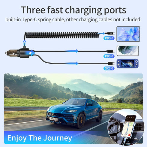 110W Fast Charging USB Car Charger, 3-Port Type-C Car Adapter with Retractable Cable for iPhone15/14/13, iPad, MacBook, Samsung Galaxy, and Other ...