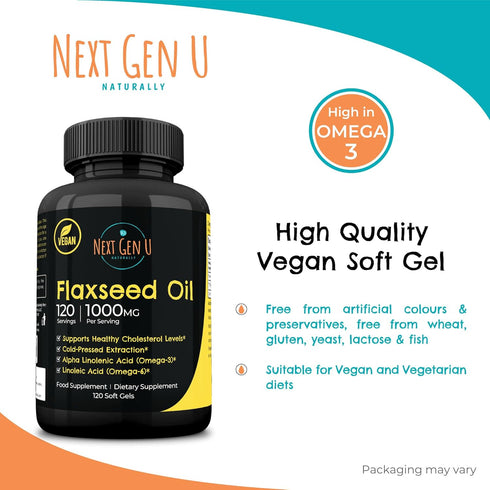 Next Gen U Flaxseed Oil w/Omega 3, 6, 9, Cold Pressed Dietary Health Food Supplement 1000 mg 120 Vegan Softgels...