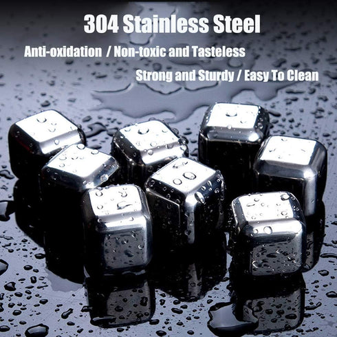 DERGUAM 8 Packs Fast-cooling 304 Stainless Steel Ice Cubes Whiskey Stones Whiskey Rocks With Wine Opener, Nonslip Ice Tong & Freezer Storage Tray ...