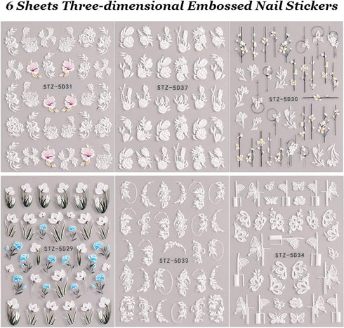 Flower Nail Art Stickers 6 Sheets Engraved Flower Nail Stickers 3D Self-Adhesive Nails Art Supplies Flower Butterfly Design French Manicure Decals...