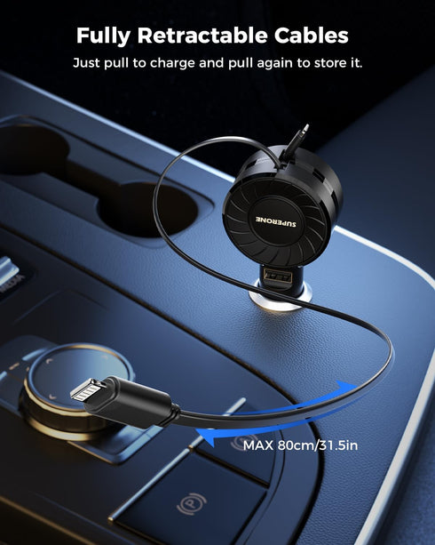 ?Dual Lightning? Retractable Car Phone Charger for iPhone, Small Lightning Car Charger USB C Cigarette Lighter Adapter for Apple iPhone 14 13 12 1...
