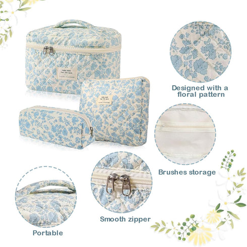3 Pcs Cotton Quilted Makeup Bag Set, Floral Cotton Cosmetic Bag, Aesthetic Toiletry Travel Organizer Bag for Women...