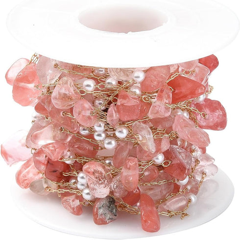 DanLingJewelry 5m Brass Handmade Natural Rose Quartz Stone Beading Chain Pink Irregular Crystal Chains with Spool for Jewelry Making Supplies...