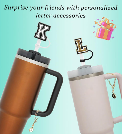 ?3 +3) 3PCS Nuozme Straw Cover 10mm For Stanley Tumbler Cup Reusable Straw Cap Topper with 3 Initial Letter Charms Accessories Name ID Personalize...