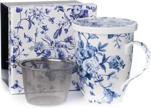 McIntosh Always In Bloom Fine Bone China (15 oz) Tea Mug with Infuser and Lid in Matching Gift Box...