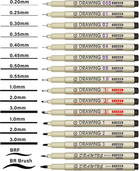 Micro Fineliner Drawing Art Pens: 16 Black Fine Line Waterproof Ink Set Artist Supplies Archival Inking Markers Liner Professional Sketch Outline ...