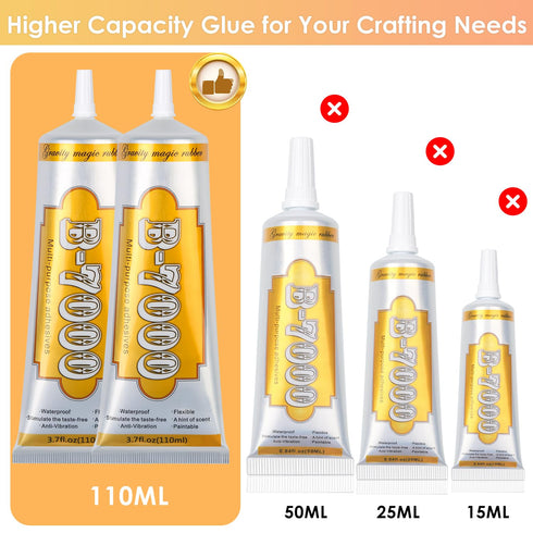 B 7000 Clear Glue with Rhinestones Craft Kit, 2 x 110ML B-7000 Adhesive Glue with Nail Gems, Dotting Tools, Brush for DIY Bead Stone Jewelry Makin...