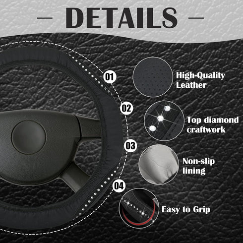 10 Pcs Bling Car Accessories Set for Women Girl Rhinestones Leather Accessories Bling Steering Wheel Cover Armrest Cover Gear Shift Cover Seat Bel...