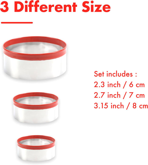 3 Pcs Round Cookie Cutters - Circle Biscuit Cutter for Baking, 0.4mm Food-Grade Stainless Steel, Red Soft Rubber Top for Protection...
