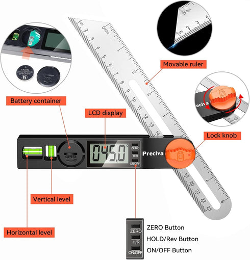 Preciva T-Bevel Gauge & Protractor with Horizontal and Vertical Bubble,0-338° Digital Angle Finder Protractor 230mm/8inch Display for Carpentry Wo...