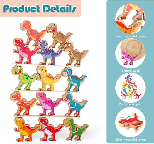 14-Piece 3-Inch Wooden Dinosaur Stacking Toys for Kids 3-7, STEM Educational Party Favors...