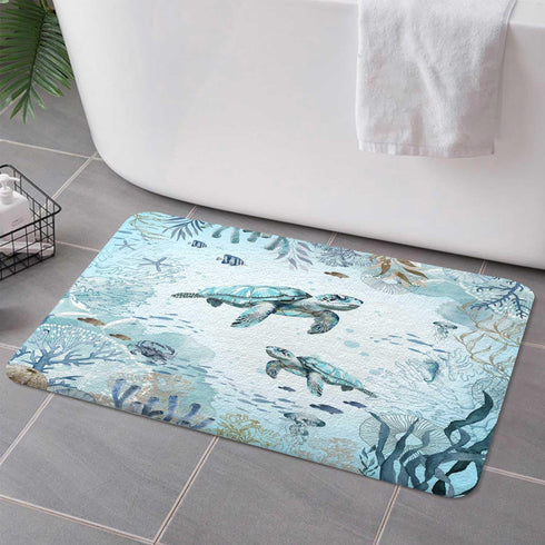 Sea Turtle Bath Rugs for Bathroom, Teal Blue Ocean Beach Coastal Funny Animal Nautical Starfish Fish Non Slip Flannel Bathroom Rug, Dry Fast Water...