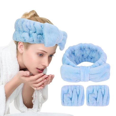 3 Pack Spa Headband and Wrist Washband Face Wash Set,Reusable Soft Makeup Headband Fleece Skincare Headbands for Washing Face Shower (Loose Blue)...