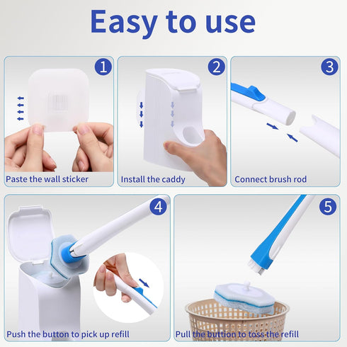 Disposable Toilet Brush with 40PCS Refills, Wall Mounted Compact Bathroom Bowl Wand Cleaning System Long Handle with Storage Caddy...