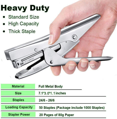 ONDY Plier Stapler Heavy Duty Office Stapler Hand Held 20-Sheet Stapler Papers Stapling Machine with 1000 Staples and Staple Remover Tool, Silver...