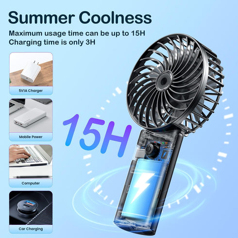 Portable Personal Handheld Rechargeable Fan: Mini Hand Held Fan 4 Speeds Cool Air Wind 6-15Hrs Work Adjustable Operated USB Recharge Battery Quiet...