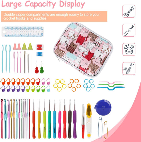 Katech Crochet Hooks Case Empty Zipper Bags Portable Travel Crochet Storage Bag Organizer with Web Pocket and Crochet Holder Slots for Carrying Va...