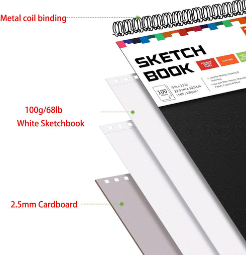 RGBMIX 9"x12" Sketch Book, 1 Pack 100 Sheets Spiral Bound Art Sketchbook, Premium Sketch Paper, Acid Free (68lb/100gsm) Art Sketchbook Artistic Dr...