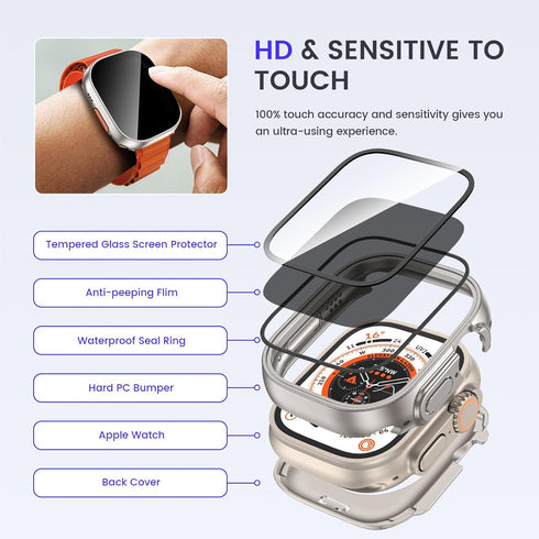 Goton 2 in 1 Privacy Waterproof Case for Apple Watch Ultra/Ultra 2 Screen Protector 49mm, Front Anti Spy Tempered Glass Face Cover + Back Bumper f...