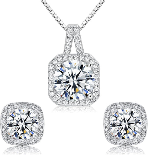 Cubic Zirconia Earrings and Necklace Set for Women 14K White Gold Plated Square Jewelry Set for Women Silver Pendant Necklace Hypoallergenic Stud ...