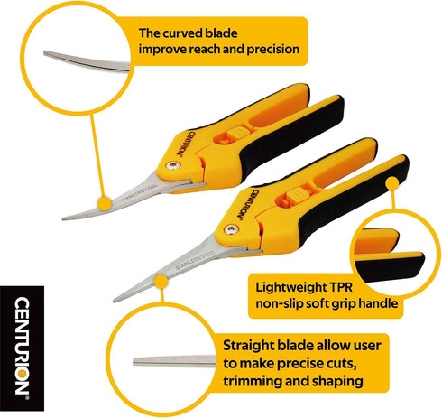 Centurion 201 Hand Pruner Pruning Shear Straight & Upward Curved Stainless Steel Blade Precision Snip (Yellow, 6.5 Inch, Set of 2)...
