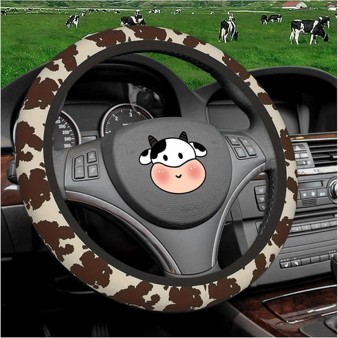 SuperKaKa Brown Cow Print Steering Wheel Cover,Cute Auto Anti-Slip Breathable Cow-Pattern Covers Protector Universal Car Interior Accessories for ...