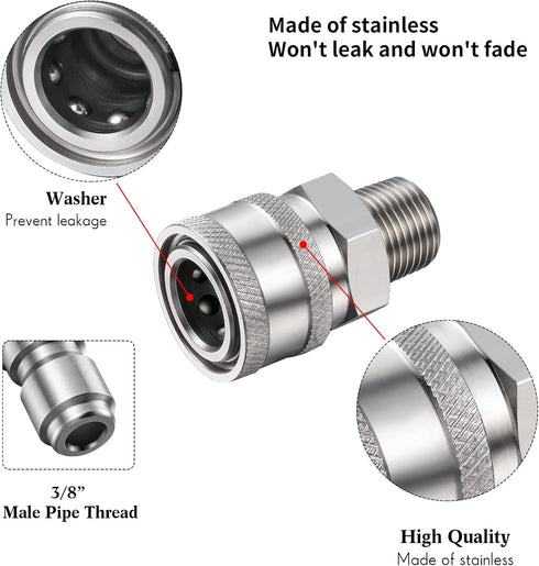 2 Sets NPT 3/8 Inch Stainless Steel Male and Female Quick Connector Kit Pressure Washer Adapters(Internal Thread, External Thread)...