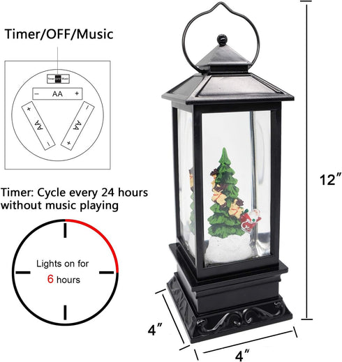 Eldnacele 12" Christmas Musical Snow Globe Lantern USB Lined Batteries Operated Water Glittering Lighted Lantern Santa Claus with 6H Timer Centerp...