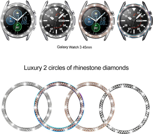 Bands Compatible with Samsung Galaxy Watch 3 (45mm), 22mm Full Rhinestone Diamond Stainless Metal Strap with Bezel Ring Cover Replacement for Wome...