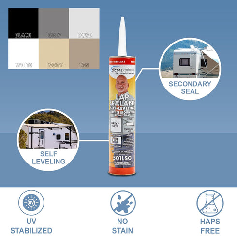 Dicor 501LSG-1 HAPS-Free Self-Leveling Lap Sealant for horizontal surfaces - 10.3 Oz, Grey, Secure, Ideal for RV Roofing, Maintenance, Repair, App...