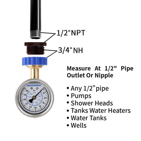 MEASUREMAN 2-1/2" Water Pressure Gauge Kit 6 Parts Kit, Lead-Free Brass, 2-1/2" dial, 0-200 Psi?Glycerin Filled,3/4" Hose Thread, Plus 5 Adapters...