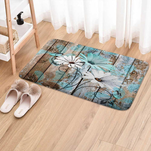 Farmhouse Floral Flower Bath Mat, Teal Daisy Rustic Wooden Plank Country Barn Wood Turquoise Blue Non-Slip Flannel Soft Doormat Floor Entryways Ou...