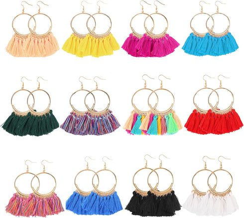 12 Pairs Bohemian Tassel Earrings for Women Trendy Colorful Fringe Summer Beach Statement Earrings...